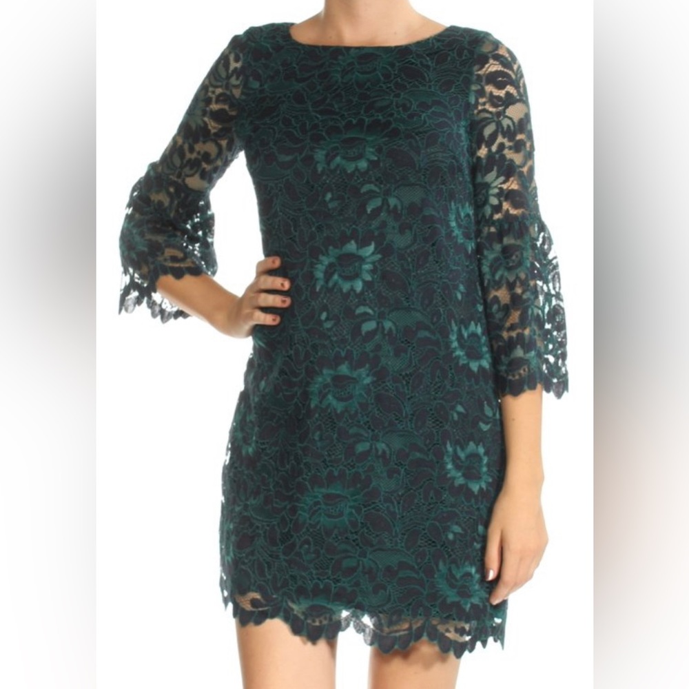 Green Lace Shift Dress with Scalloped Hem